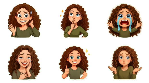 Six stickers of the same drawn character showing different expressions: an awkward wave, shushing, crying, laughing through tears, a thumbs up and a shrug