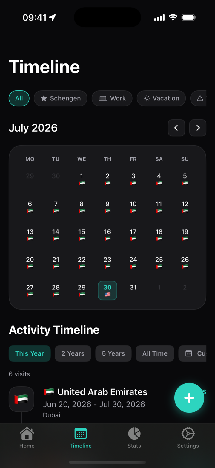 Daysabroad timeline: calendar with country flags for every day abroad and automatic visit history